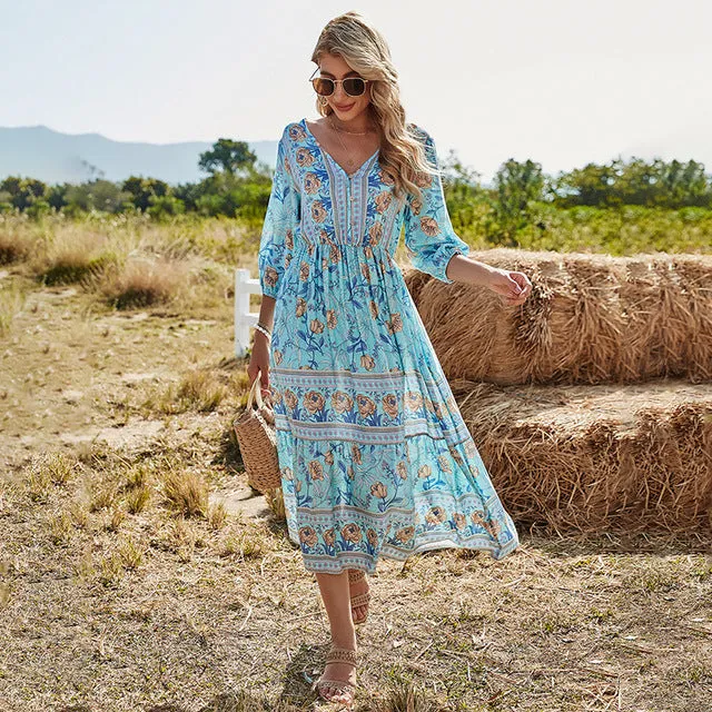 Boho High Waist Floral Print Chic French Inspired Dress