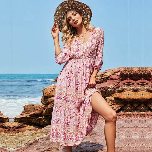 Boho High Waist Floral Print Chic French Inspired Dress