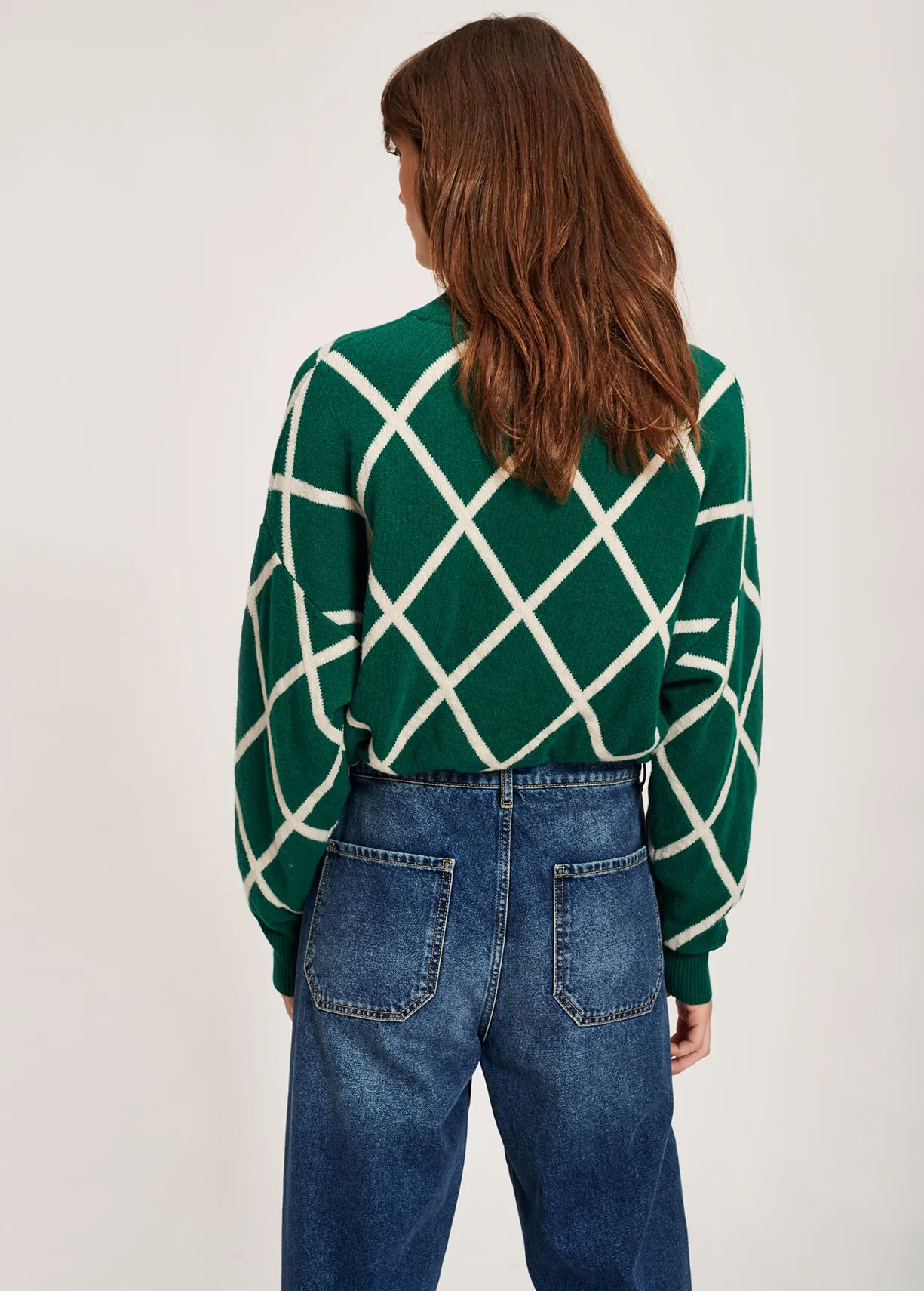 Bottle green diamond pattern knitted sweater