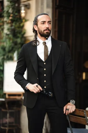 Brabion Noah Jet Black Slim Fit Peak Lapel 3 Piece Suit