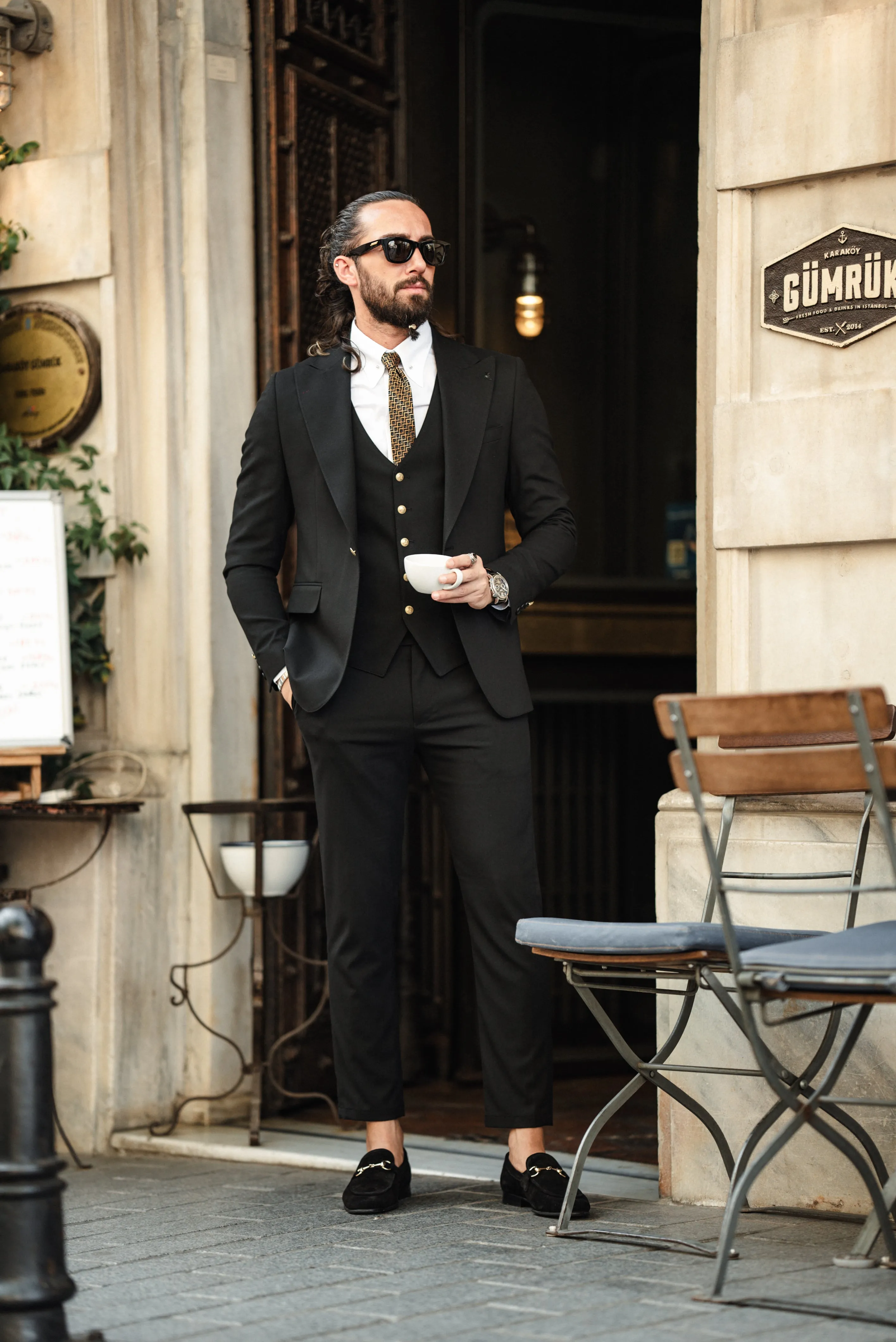Brabion Noah Jet Black Slim Fit Peak Lapel 3 Piece Suit