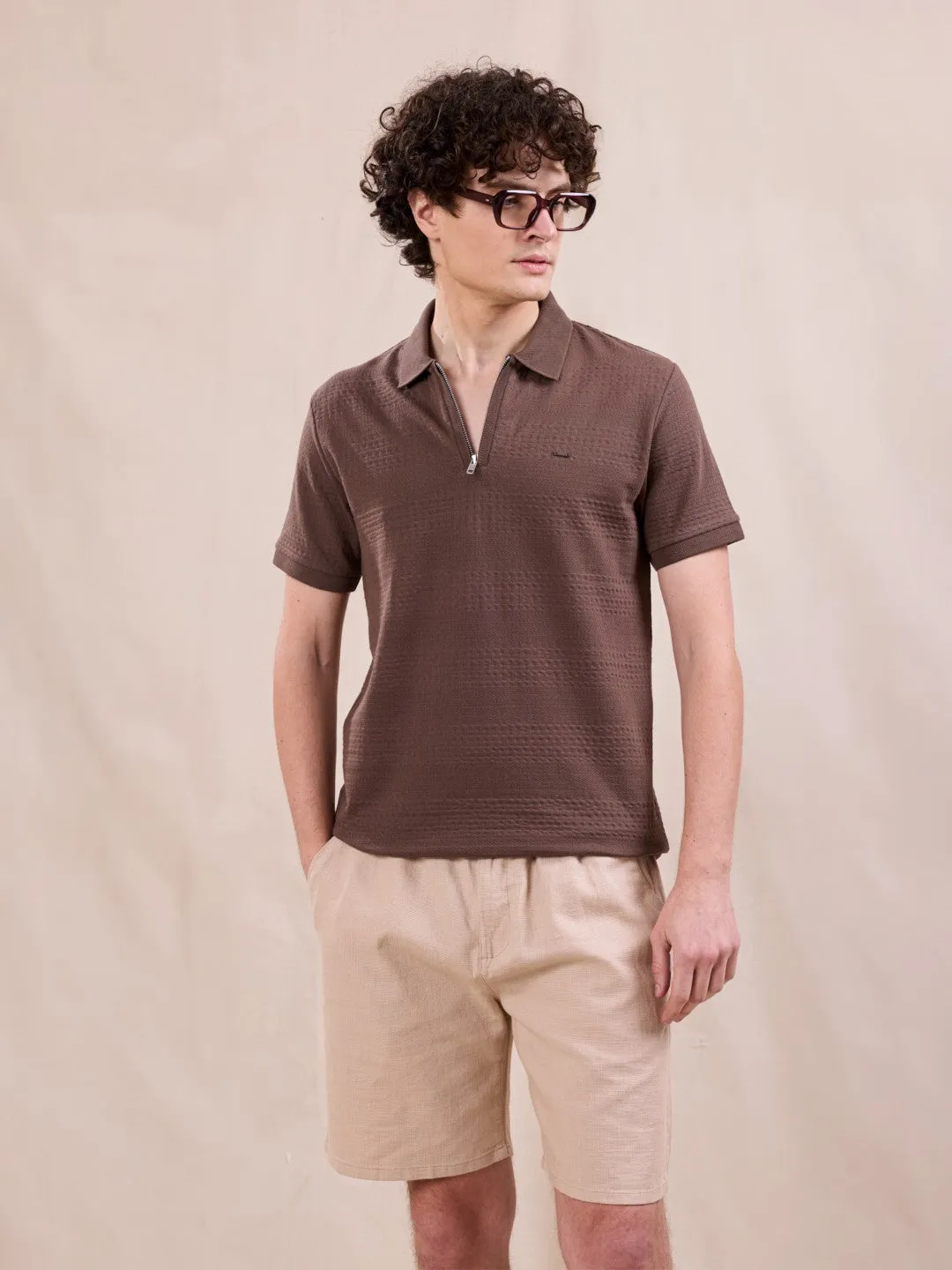 Brown Plain Jacquard Polo T-Shirt