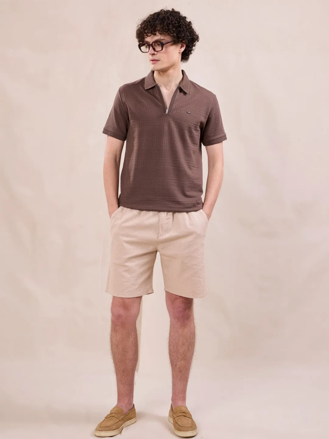 Brown Plain Jacquard Polo T-Shirt