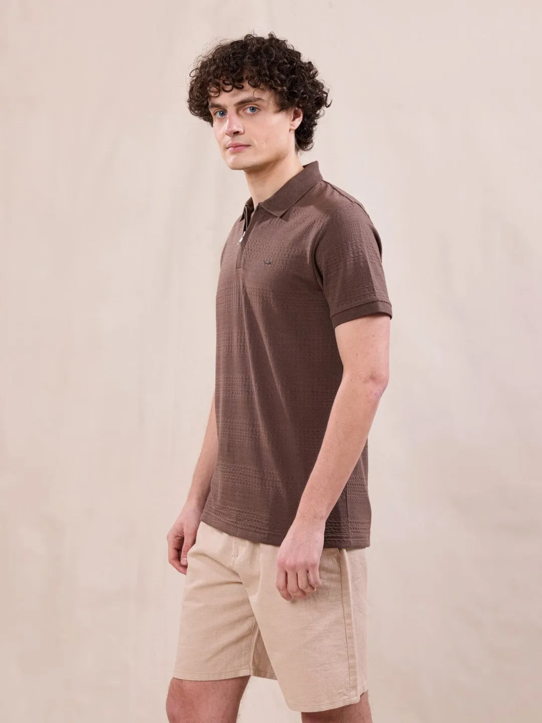 Brown Plain Jacquard Polo T-Shirt