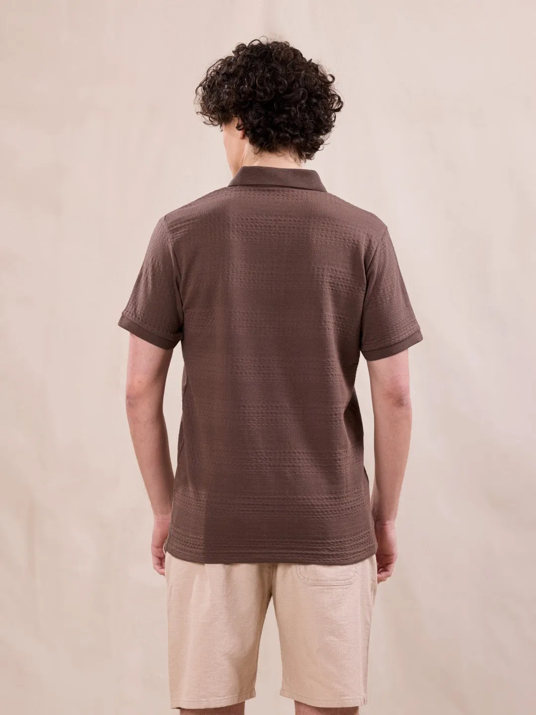 Brown Plain Jacquard Polo T-Shirt