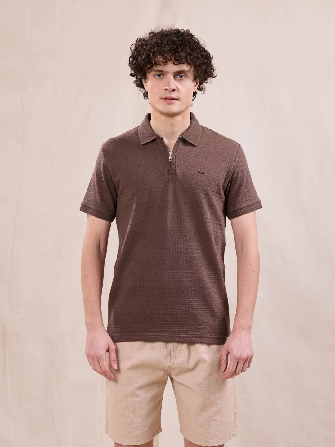Brown Plain Jacquard Polo T-Shirt