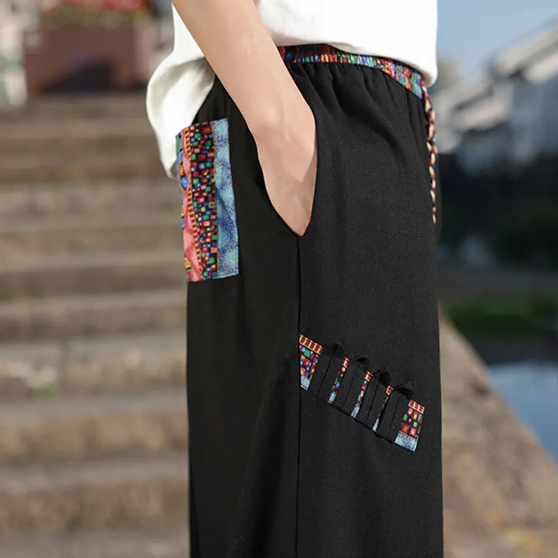 Buddha Stones Bohemian Patchwork Pattern Cotton Drawstring Men's Wide Leg Pants With Pockets