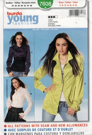 Burda Young Fashion 7608 Womens Blouses with Variations Out Of Print Sewing Pattern Sizes 8 - 20 UNCUT Factory Folded