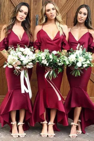 Burgundy High Low Mermaid Bridesmaid Dresses, Wedding Party Dresses, MBD169