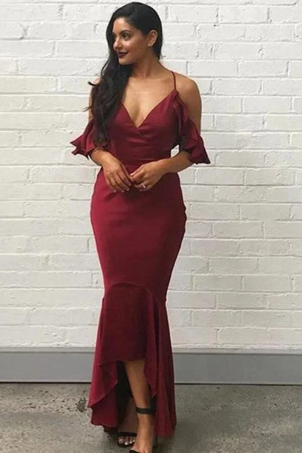 Burgundy High Low Mermaid Bridesmaid Dresses, Wedding Party Dresses, MBD169