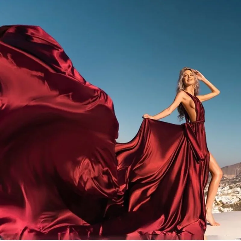 Burgundy Long Floor Length Backless Flying Dress