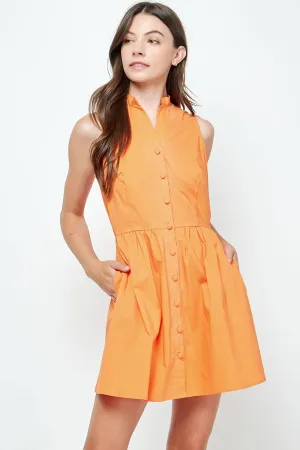 Button Down Mandarin Sleeveless Mini Dress: Orange