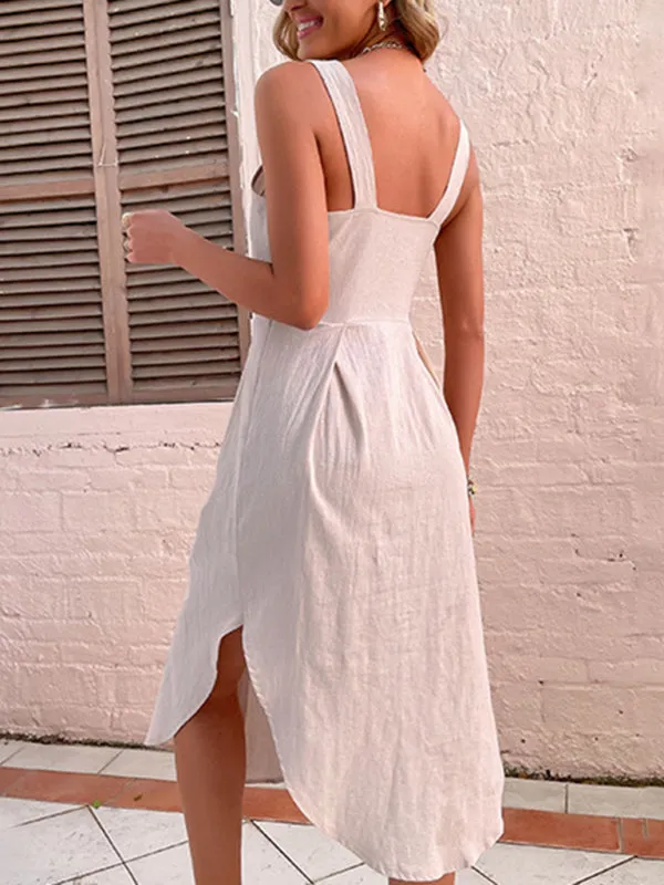 Button-Down Midi Dress with Irregular Hem and Sleeveless Design