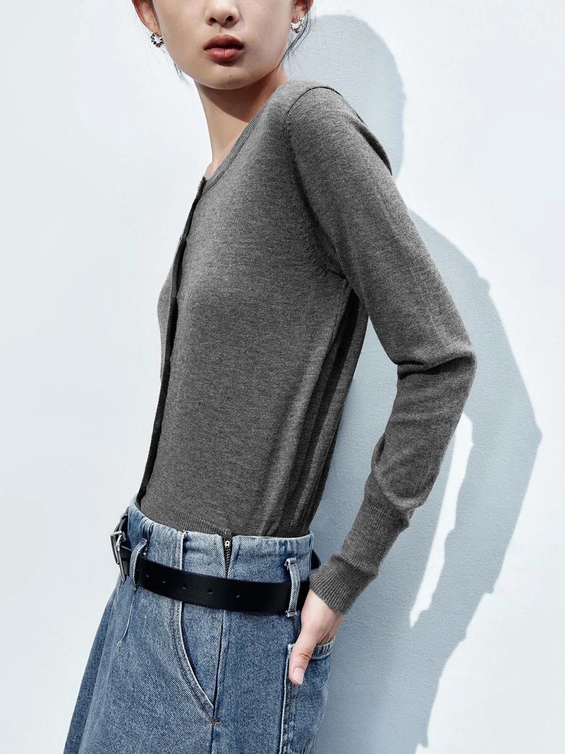 Button Up Crew Neck Knitted Cardigans