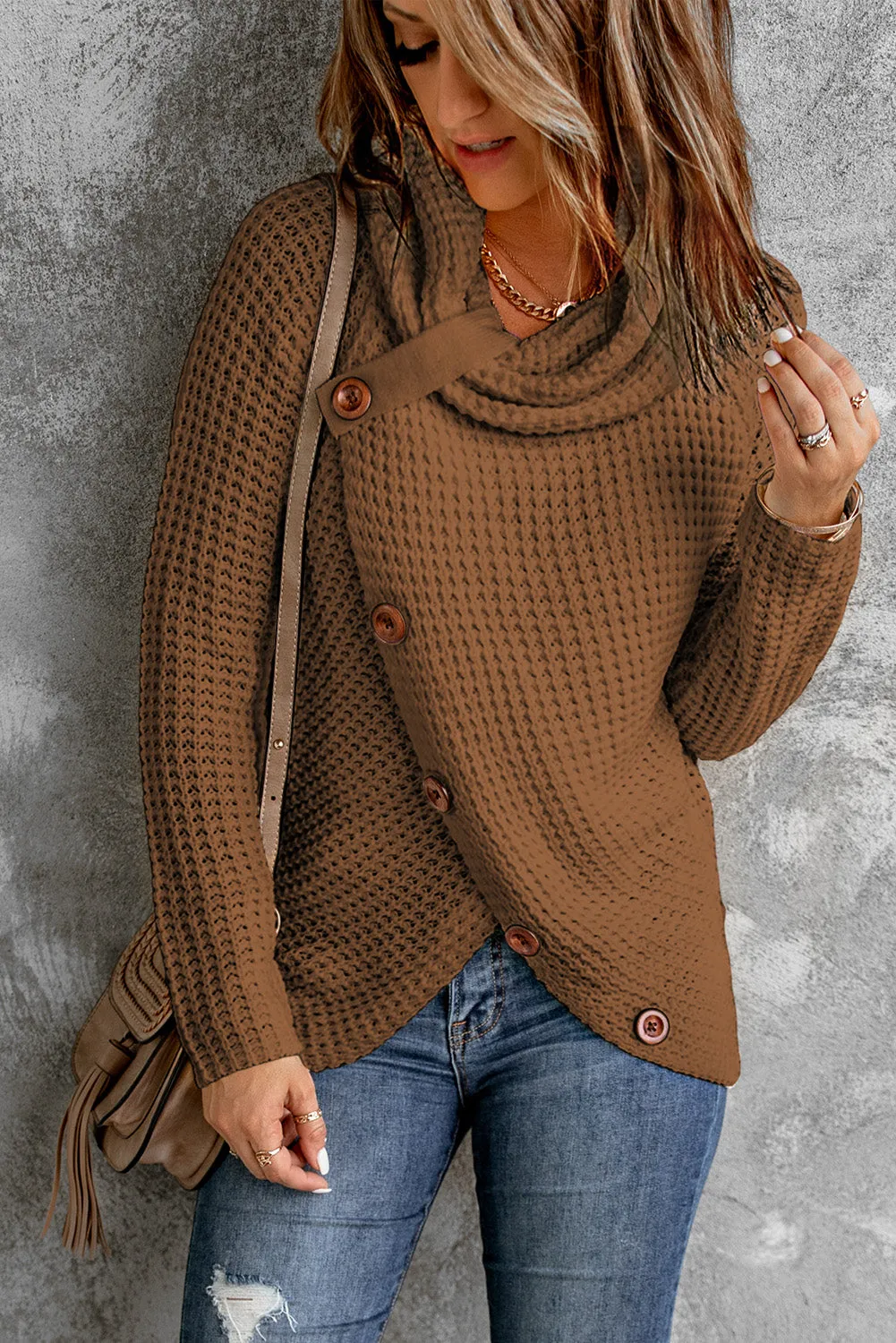 Buttoned Wrap Turtleneck Sweater