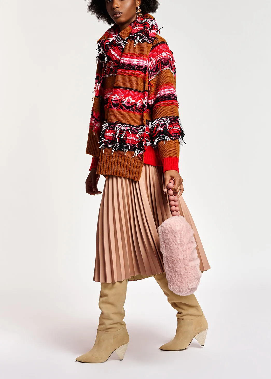 Camel, red and white inside-out sweater