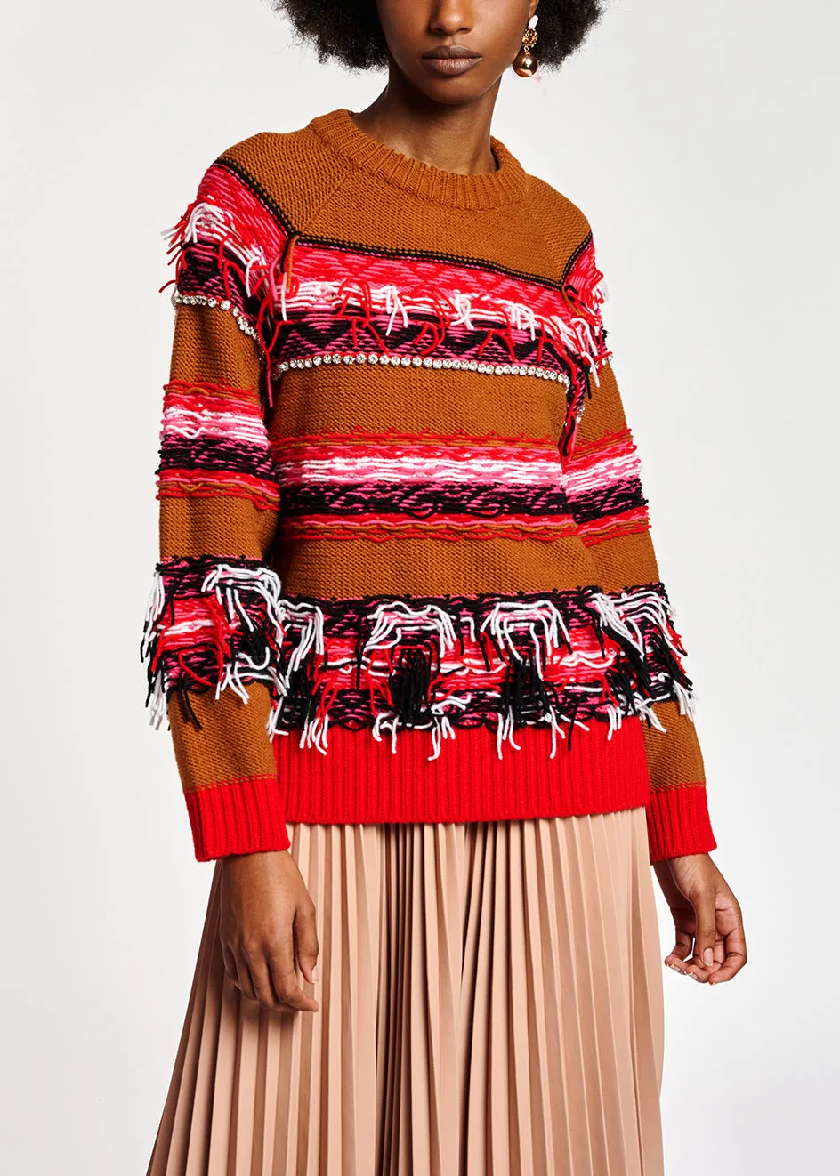 Camel, red and white inside-out sweater