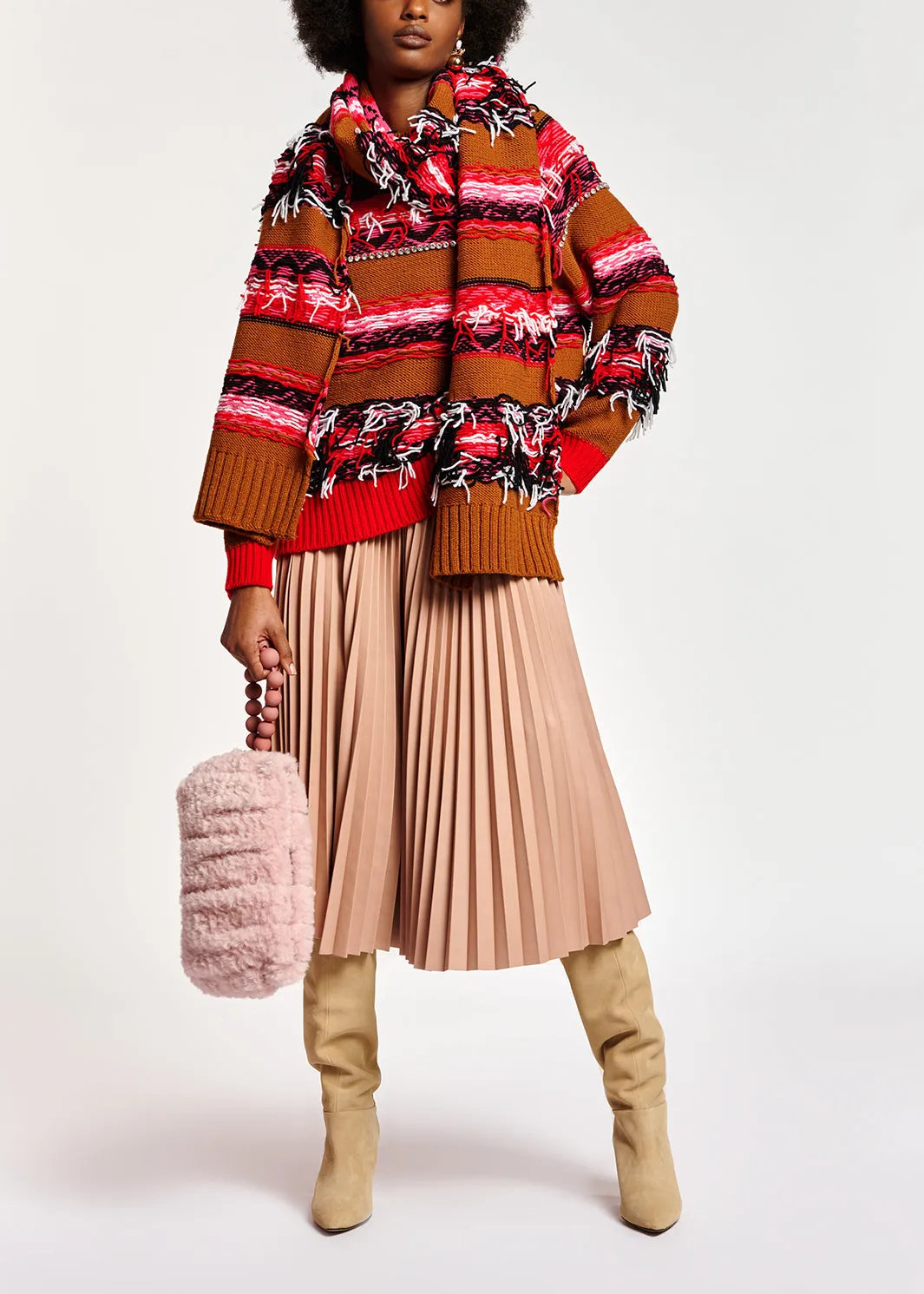 Camel, red and white inside-out sweater