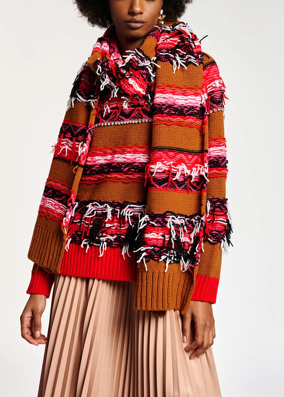 Camel, red and white inside-out sweater