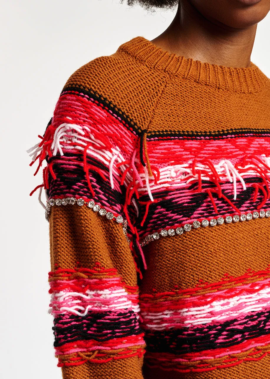 Camel, red and white inside-out sweater