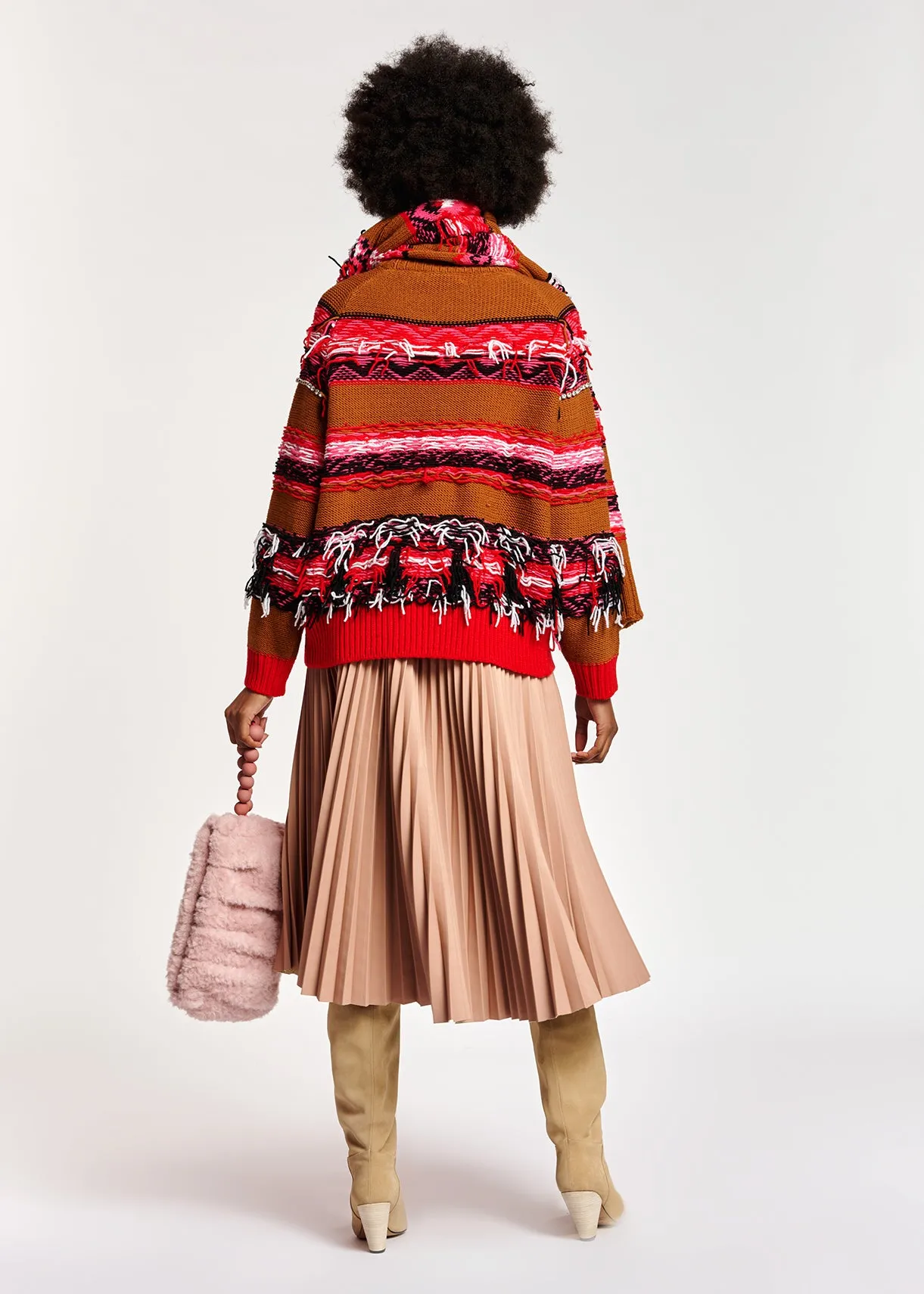 Camel, red and white inside-out sweater