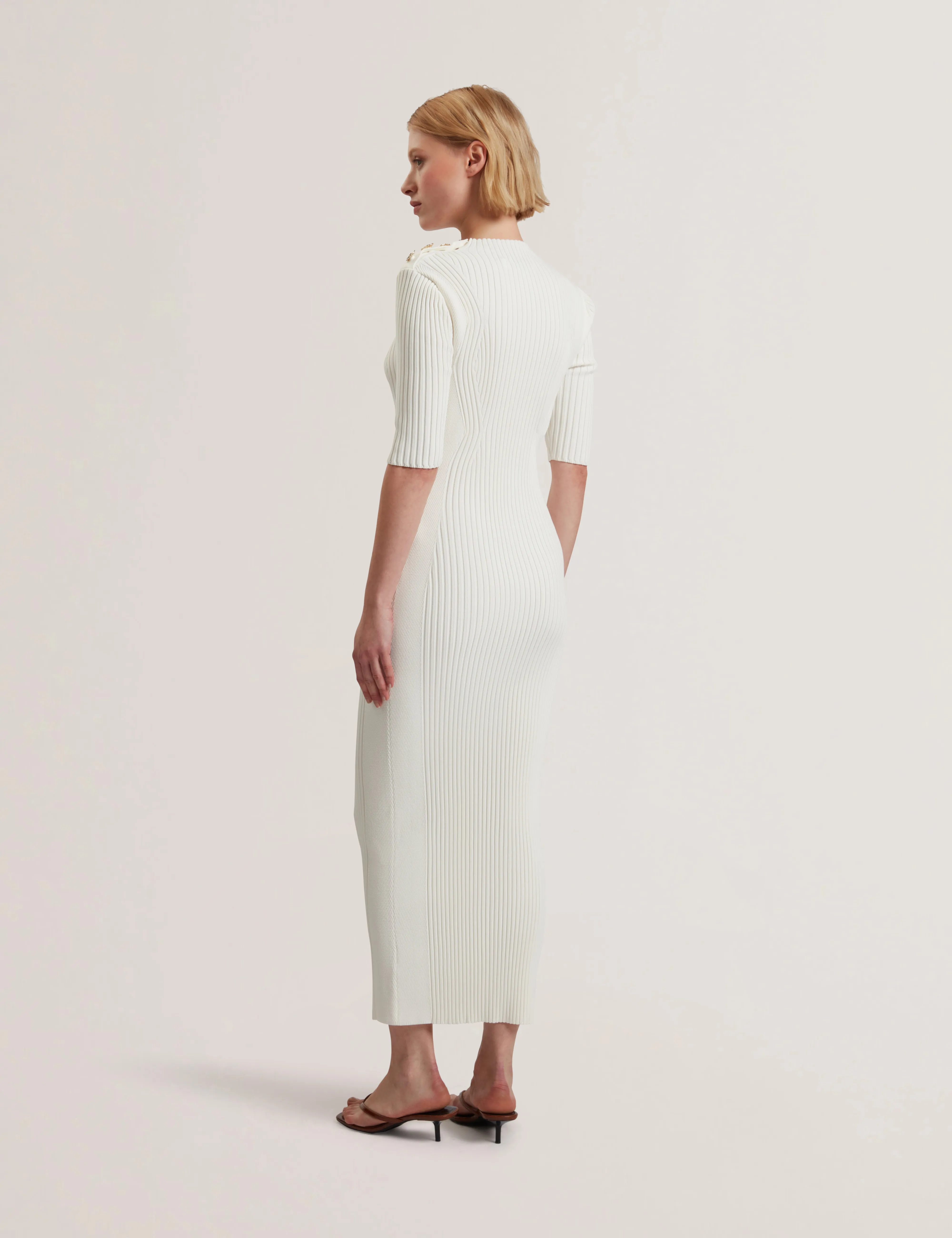 Candiic Ribbed Knit Button Detail Column Dress Ivory