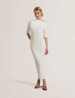 Candiic Ribbed Knit Button Detail Column Dress Ivory