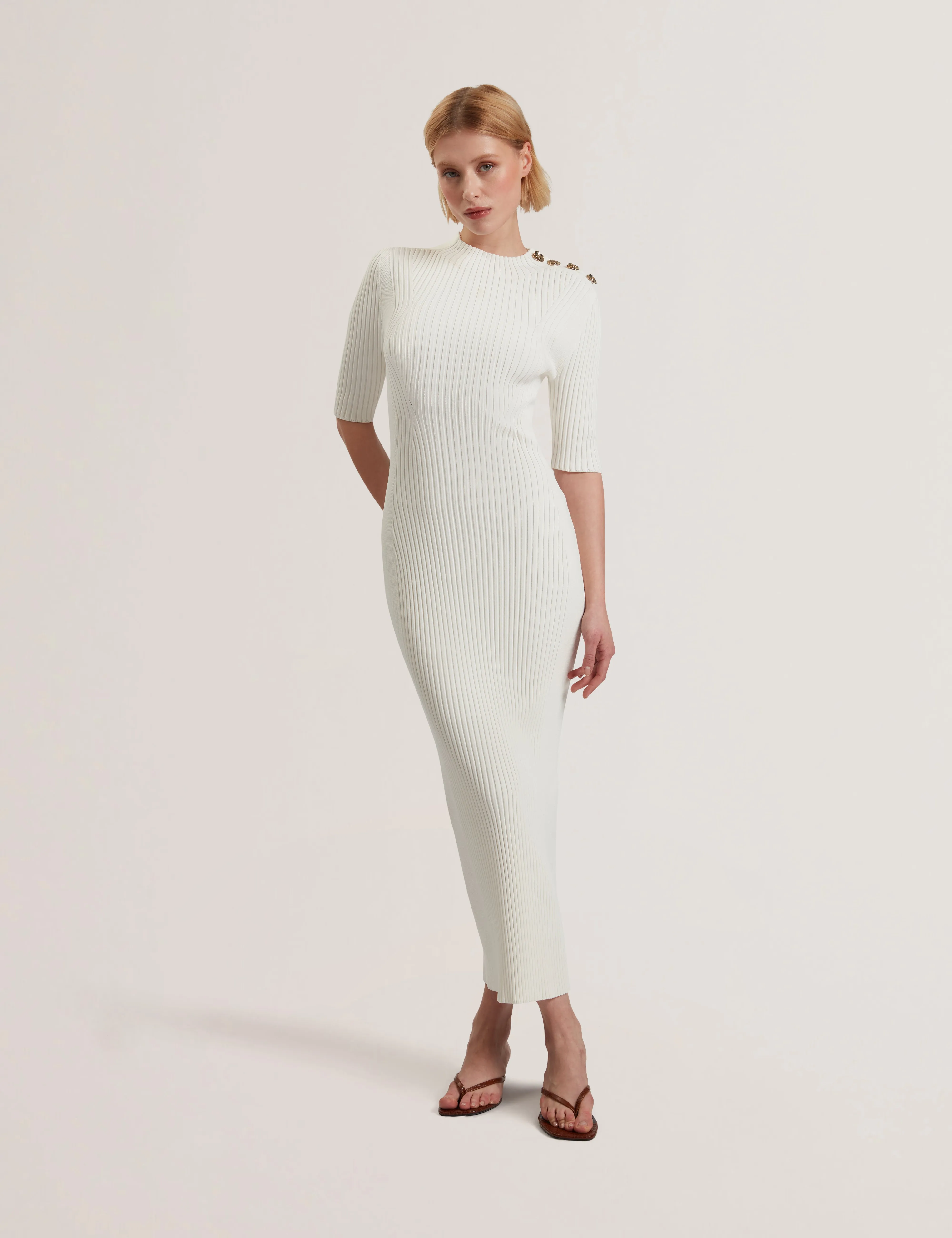 Candiic Ribbed Knit Button Detail Column Dress Ivory