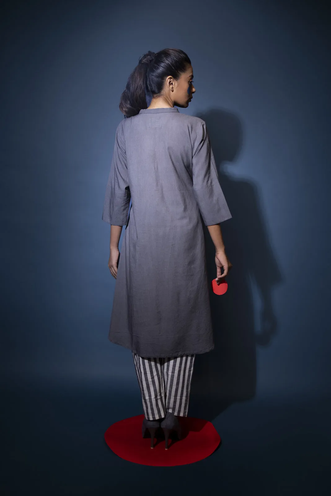 Charred Grey Kurta with Striped Pants- Set of 2