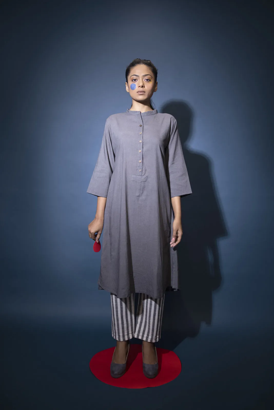 Charred Grey Kurta with Striped Pants- Set of 2