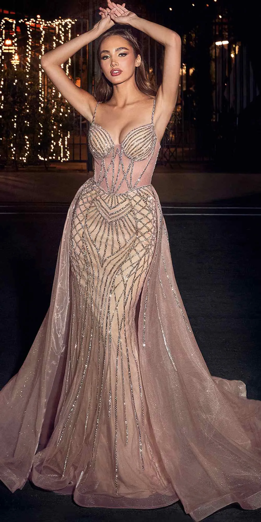 CLEARANCE - Ladivine CD863 Floor Length Fitted Beaded Tulle Fabric Red Carpet Gown (Size 4)