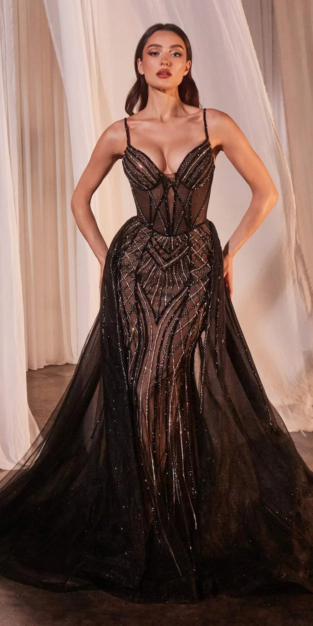 CLEARANCE - Ladivine CD863 Floor Length Fitted Beaded Tulle Fabric Red Carpet Gown (Size 4)