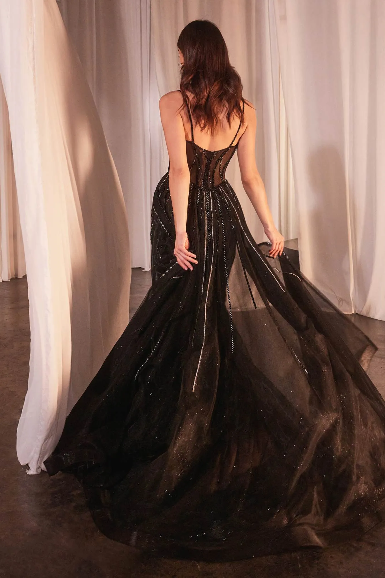 CLEARANCE - Ladivine CD863 Floor Length Fitted Beaded Tulle Fabric Red Carpet Gown (Size 4)
