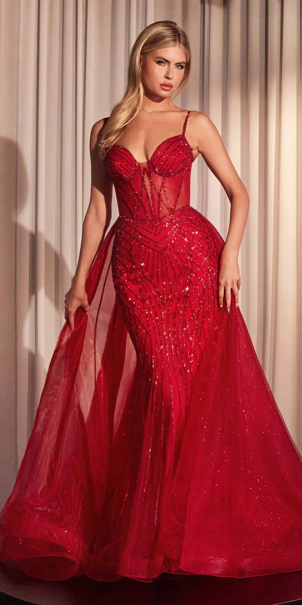 CLEARANCE - Ladivine CD863 Floor Length Fitted Beaded Tulle Fabric Red Carpet Gown (Size 4)