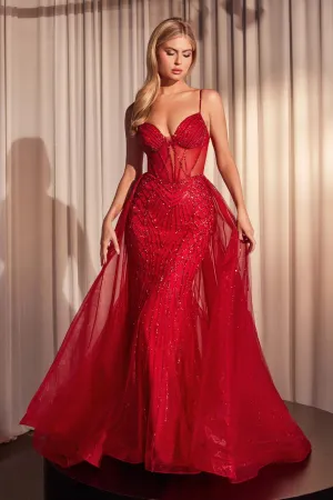 CLEARANCE - Ladivine CD863 Floor Length Fitted Beaded Tulle Fabric Red Carpet Gown (Size 4)