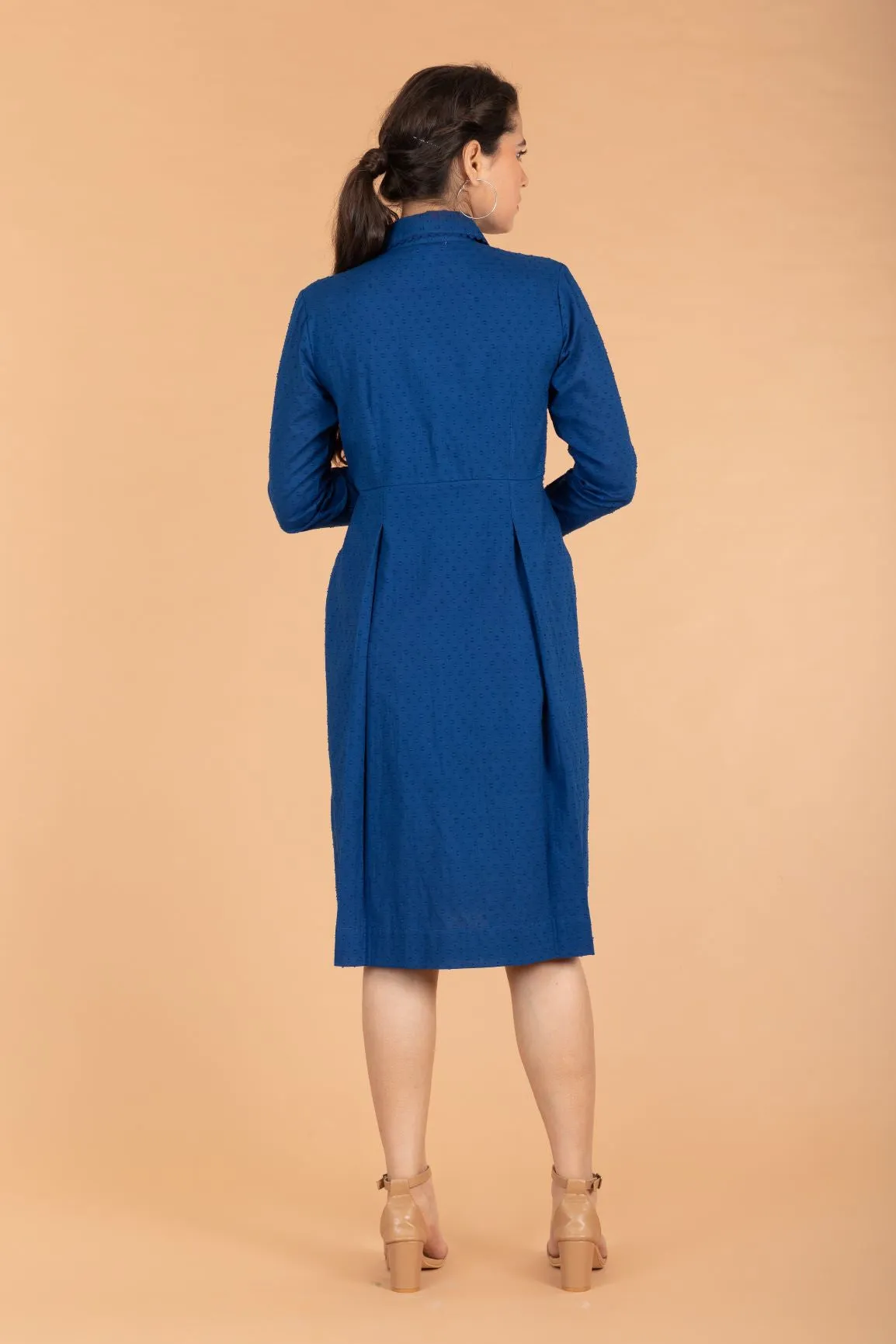 Cobalt Blue Pleated Dress In Swiss Dot Cotton