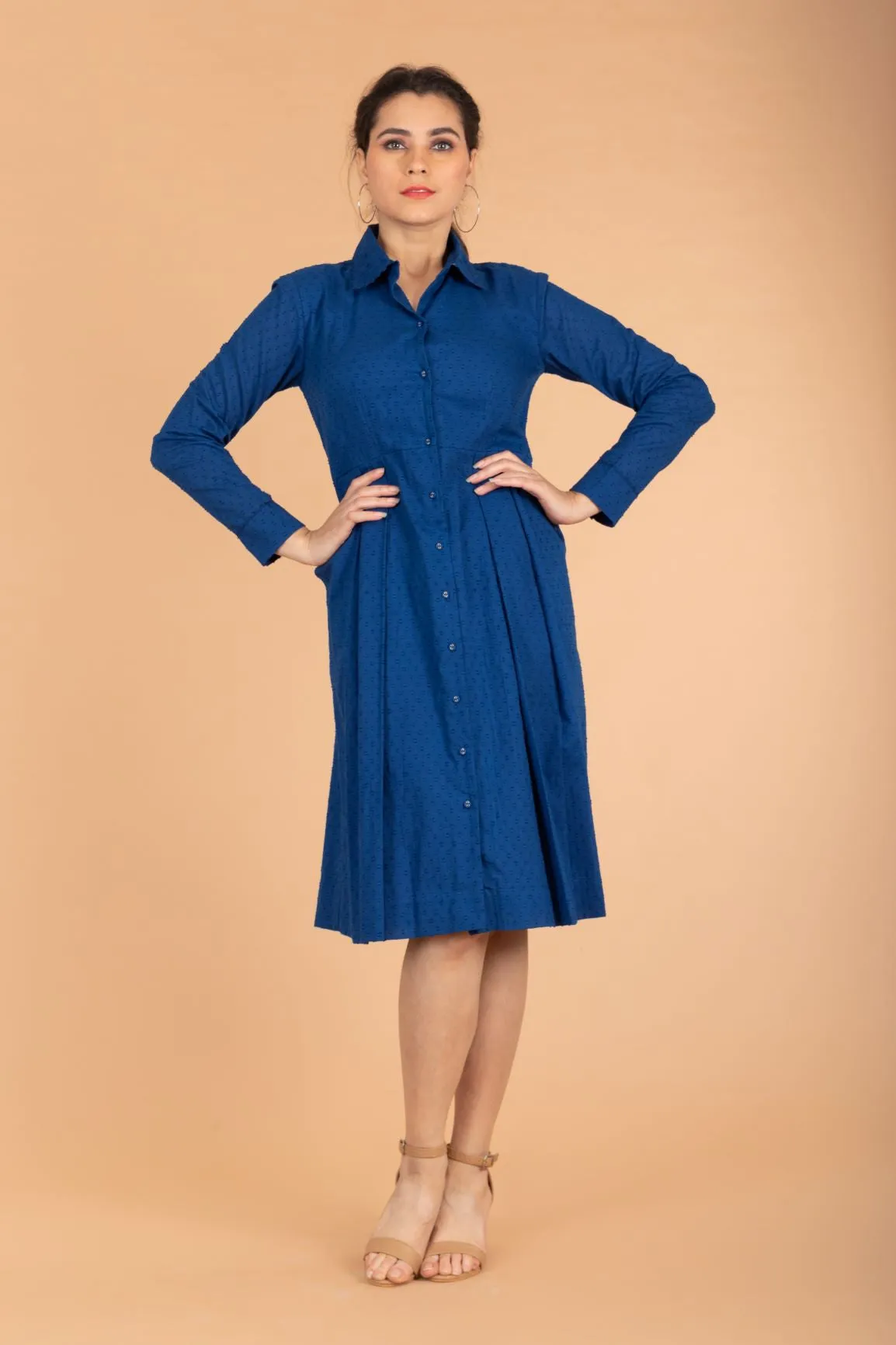Cobalt Blue Pleated Dress In Swiss Dot Cotton