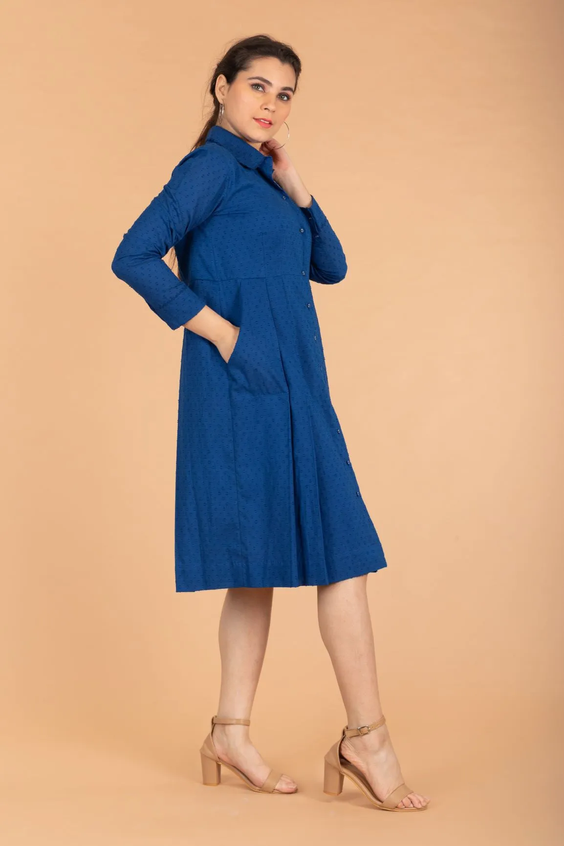 Cobalt Blue Pleated Dress In Swiss Dot Cotton