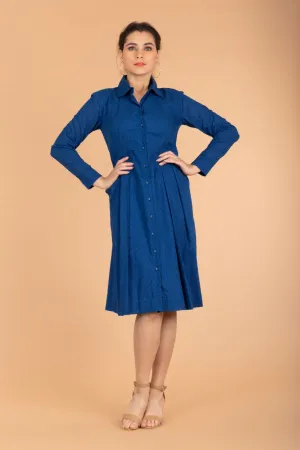 Cobalt Blue Pleated Dress In Swiss Dot Cotton
