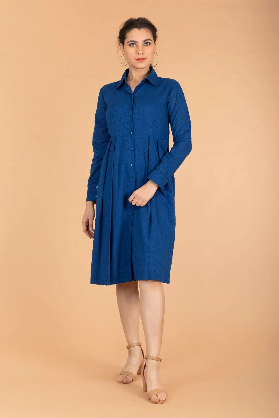 Cobalt Blue Pleated Dress In Swiss Dot Cotton