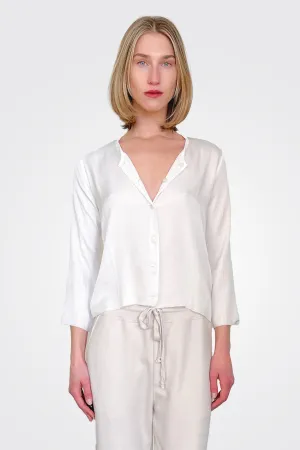 Collarless Crop Silk Shirt - White