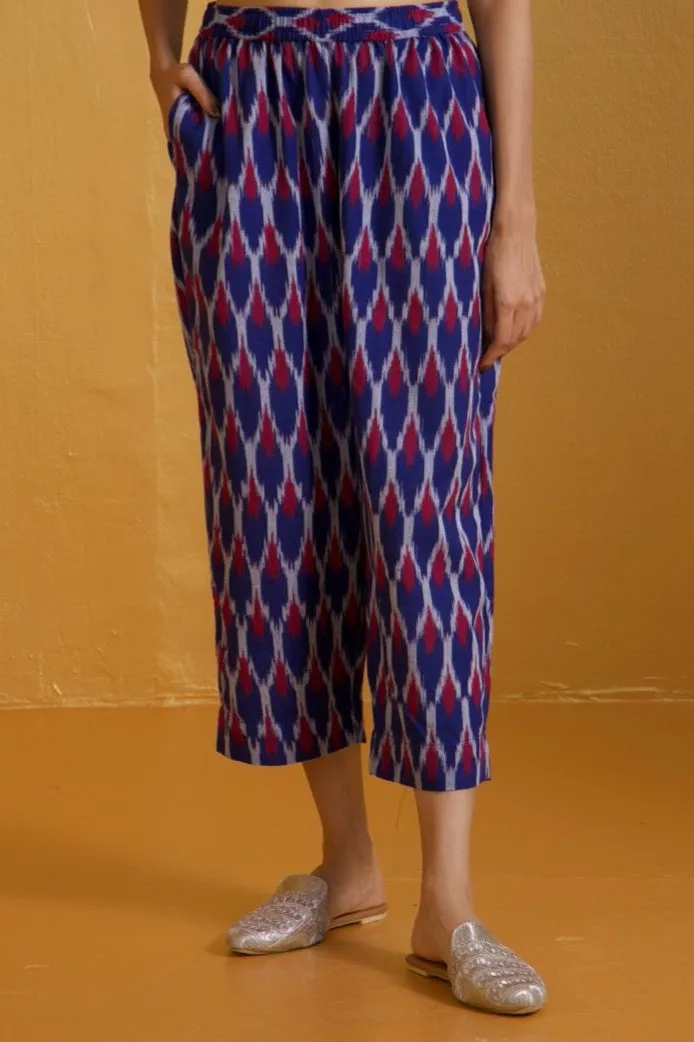comfort fit ankle length narrow pants  - blue red ikat