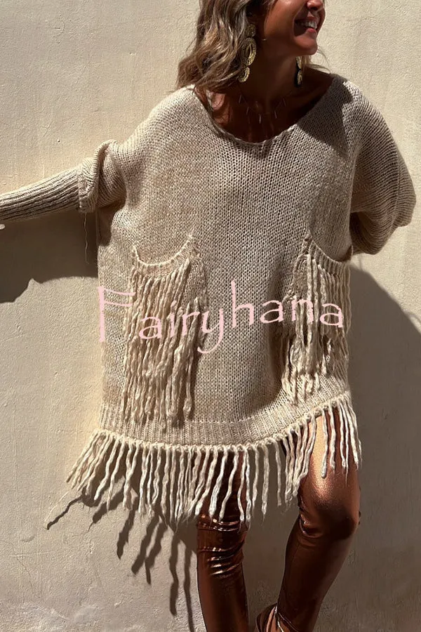 Coming with You Knit Tassel Trim Pocketed Loose Sweater