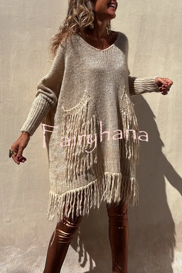 Coming with You Knit Tassel Trim Pocketed Loose Sweater