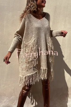 Coming with You Knit Tassel Trim Pocketed Loose Sweater