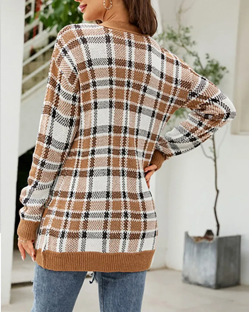 Constrast Paneled Plaid Pattern Buttoned Knit Cardigan