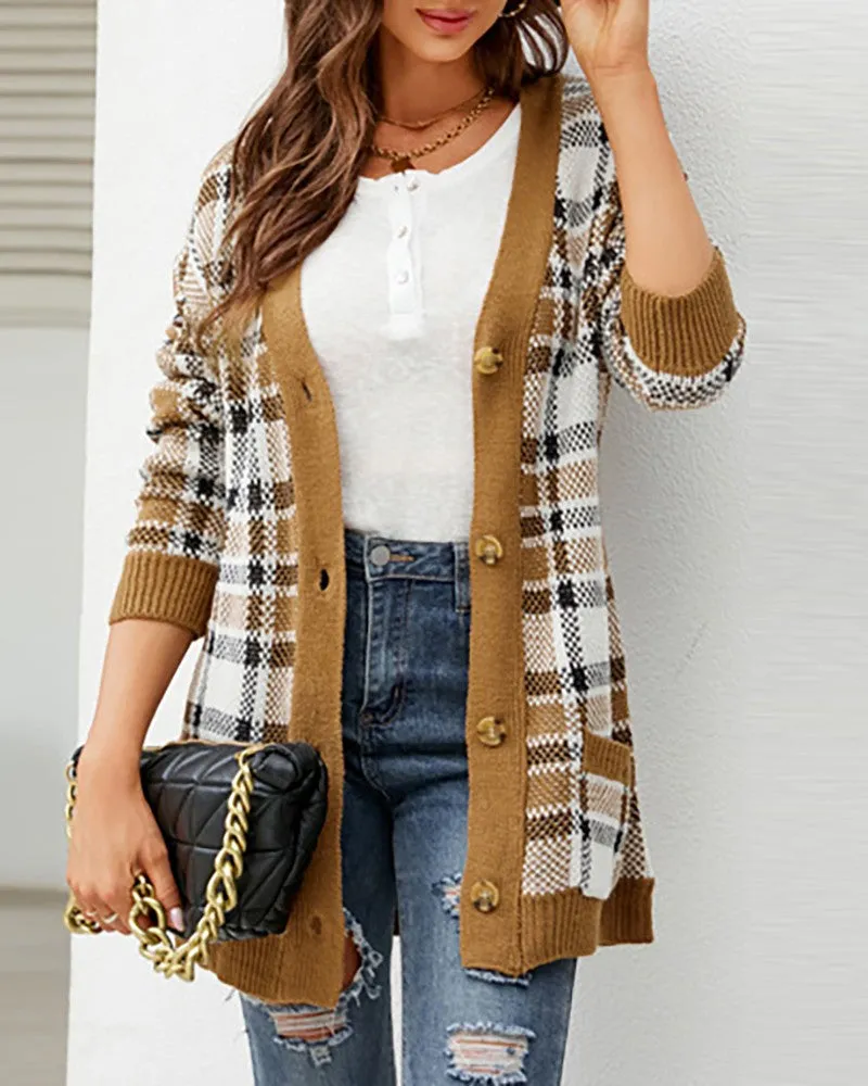 Constrast Paneled Plaid Pattern Buttoned Knit Cardigan