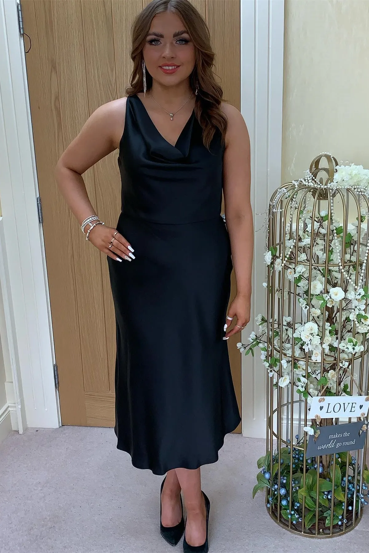 Cowl Neck White Sheath Tea Length Bridesmaid Dress