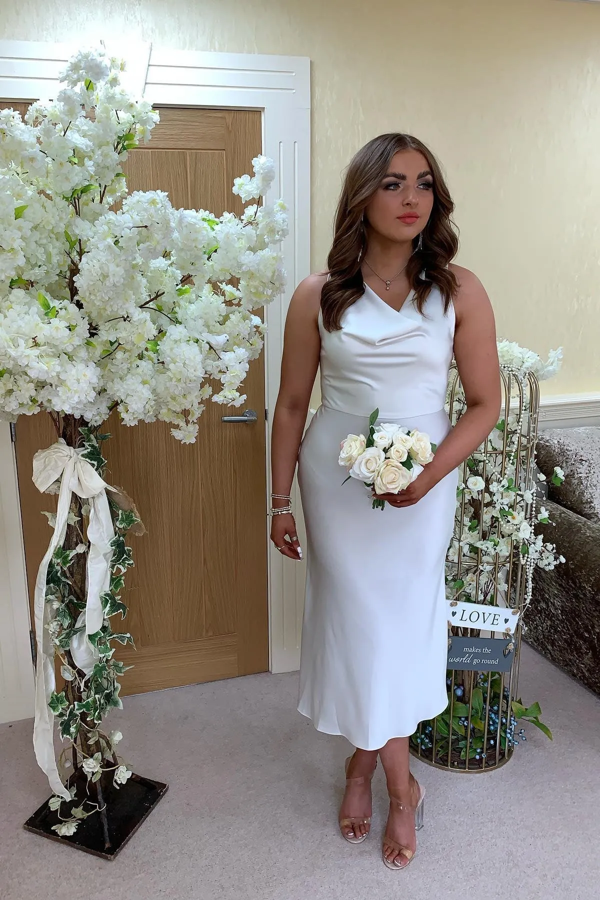 Cowl Neck White Sheath Tea Length Bridesmaid Dress