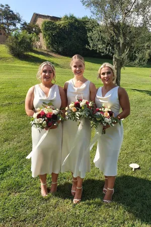 Cowl Neck White Sheath Tea Length Bridesmaid Dress